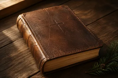 Leather Bible on Dark Walnut Table