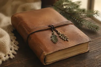 Leather Bible on Dark Walnut Table
