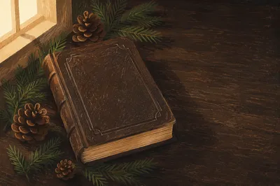 Leather Bible with Evergreen on Walnut Table
