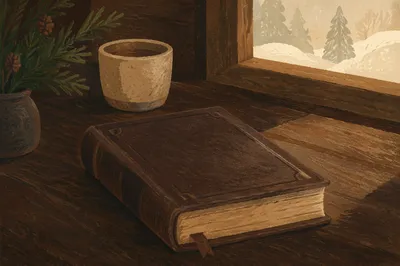 Leather Bible on Dark Walnut Table