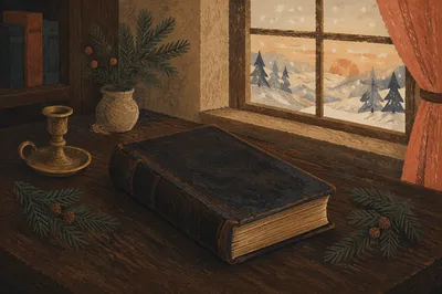 Leather Bible with Evergreen on Walnut Table