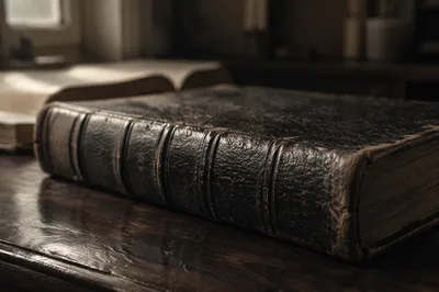 Antique Leather Bible on Dark Wood
