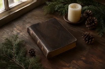 Leather Bible with Evergreen on Dark Wood