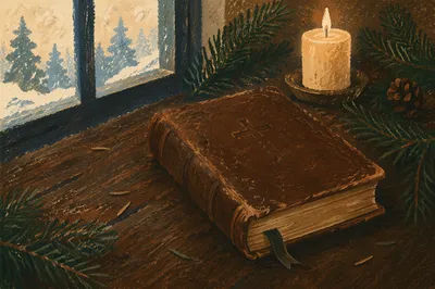 Leather Bible with Evergreen on Dark Wood