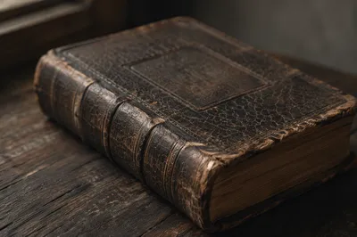 Aged Leather Bible on Dark Wood