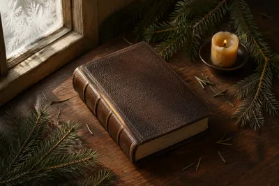 Leather Bible With Evergreen on Walnut Table