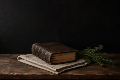 Worn Leather Bible on Dark Walnut Table