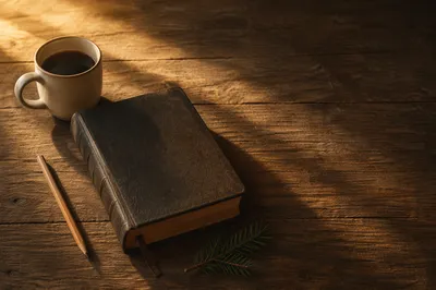 Leather Bible on Rustic Dark Wood