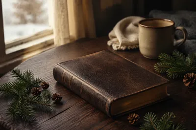 Leather Bible with Evergreen on Walnut Table