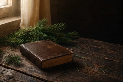 Leather Bible with Evergreen on Rustic Wood
