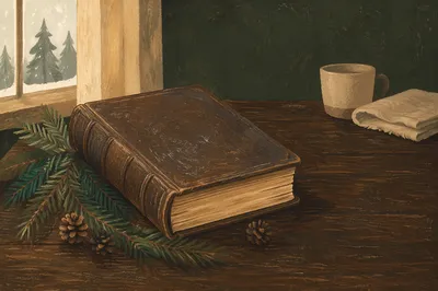 Leather Bible on Dark Walnut Table