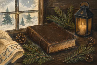 Leather Bible with Evergreen on Walnut Table