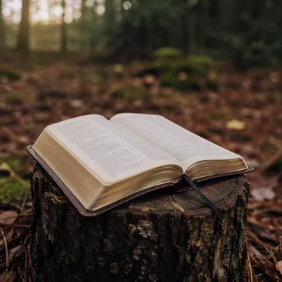 Open Leather Bible in Evergreen Woodland