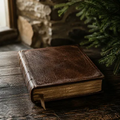 Weathered Leather Bible on Dark Walnut