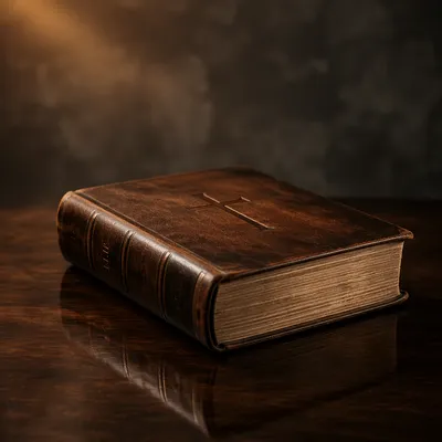 Leather Bible on Dark Wooden Table