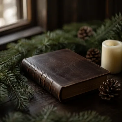 Leather Bible with Evergreen on Dark Wood
