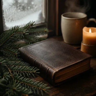 Leather Bible on Dark Walnut Table