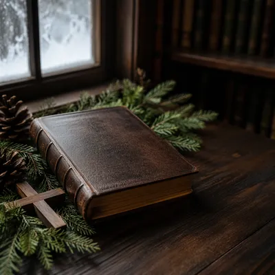 Leather Bible with Evergreen on Walnut Table
