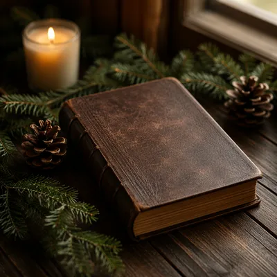 Leather Bible with Evergreen on Dark Wood