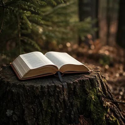 Open Leather Bible on Forest Stump