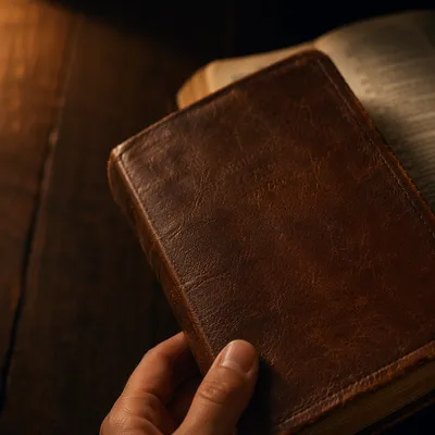 Worn Leather Bible on Dark Walnut