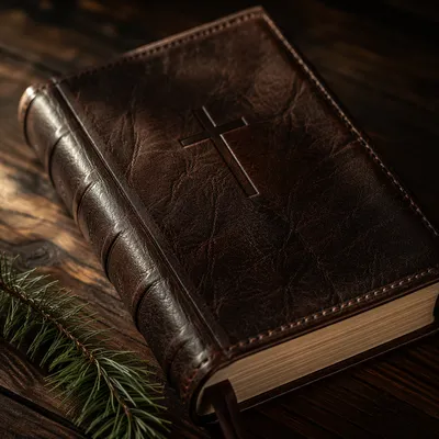 Leather Bible on Dark Walnut Table