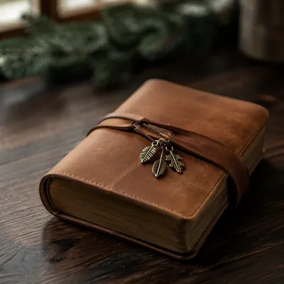 Leather Bible on Dark Walnut Table