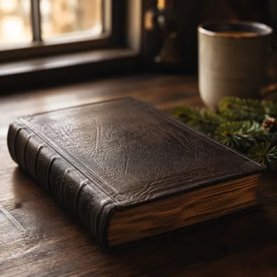 Leather Bible on Dark Walnut Table