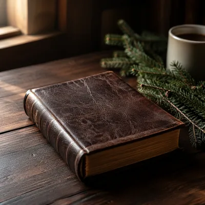 Worn Leather Bible on Dark Walnut Table