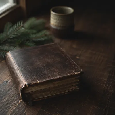 Weathered Leather Bible on Walnut Table