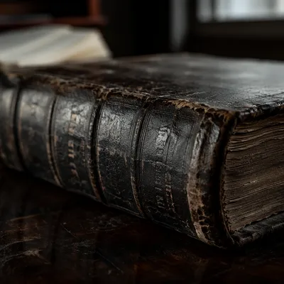 Antique Leather Bible on Dark Wood