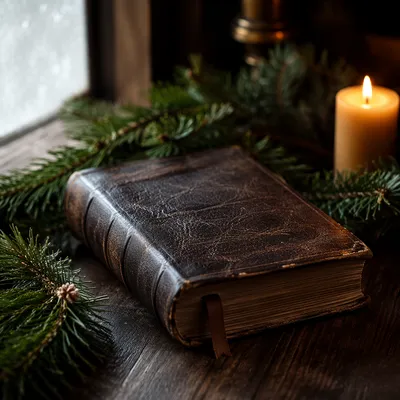 Leather Bible with Evergreen and Candlelight