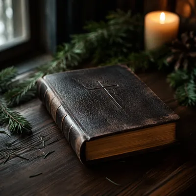 Evergreen Bible on Dark Walnut Table