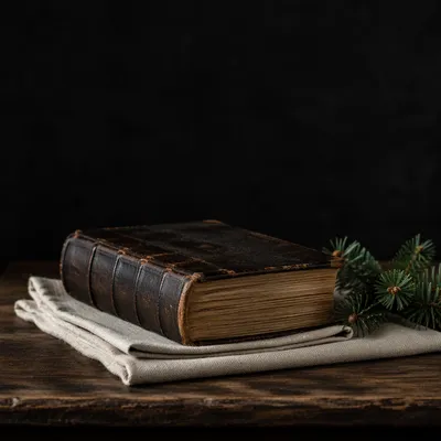 Worn Leather Bible on Dark Walnut
