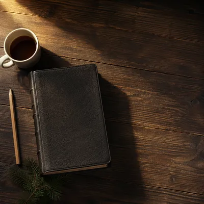 Leather Bible on Rustic Wood with Evergreen