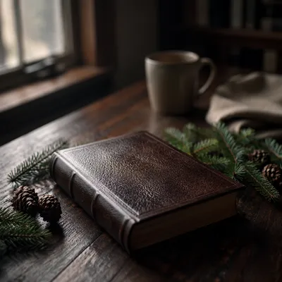 Leather Bible on Dark Walnut Table