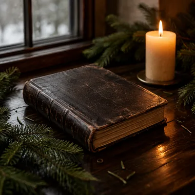 Worn Leather Bible with Evergreen and Candlelight