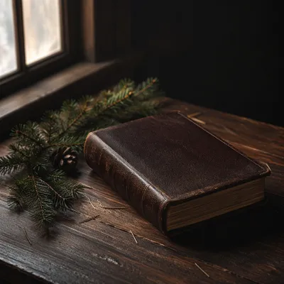 Leather Bible on Dark Wood with Evergreen