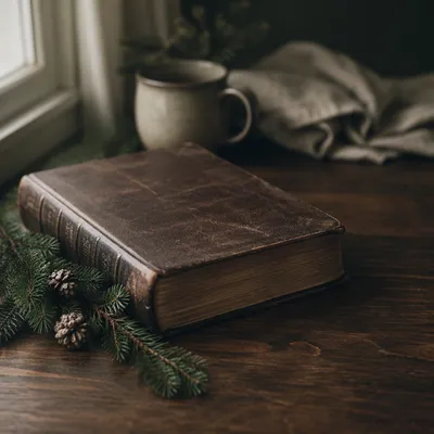 Leather Bible on Dark Walnut Table