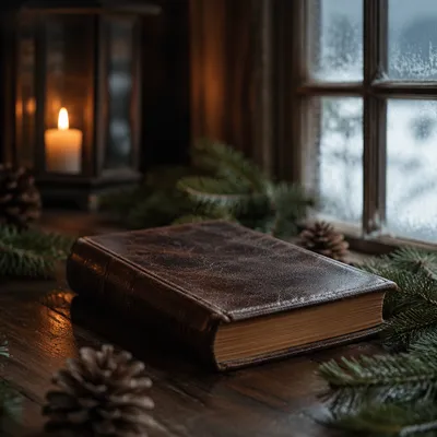 Leather Bible with Evergreen on Walnut Table