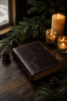 Leather Bible on Evergreen Winter Table