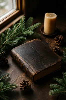 Leather Bible on Dark Walnut Table