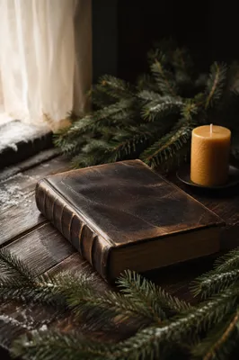 Leather Bible with Evergreen on Dark Walnut