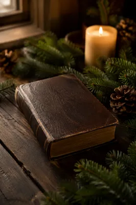 Leather Bible with Evergreen on Dark Wood