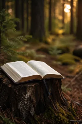 Open Leather Bible in Evergreen Forest