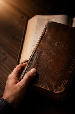 Leather Bible on Dark Walnut Table