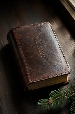 Leather Bible on Dark Walnut Table