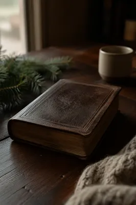 Leather Bible on Dark Walnut Table