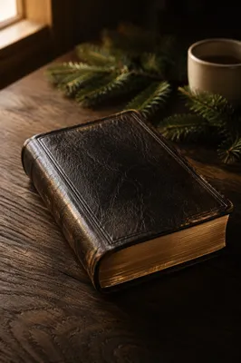 Leather Bible on Dark Walnut Table