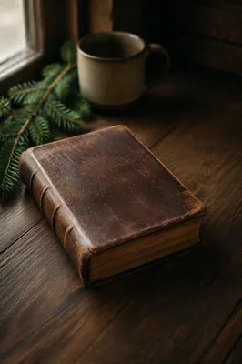 Weathered Leather Bible on Dark Walnut Table